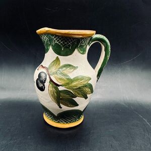 Hand Painted Clay Pottery Portugal Water Pitcher Olives Leaves 5.5 inches Small